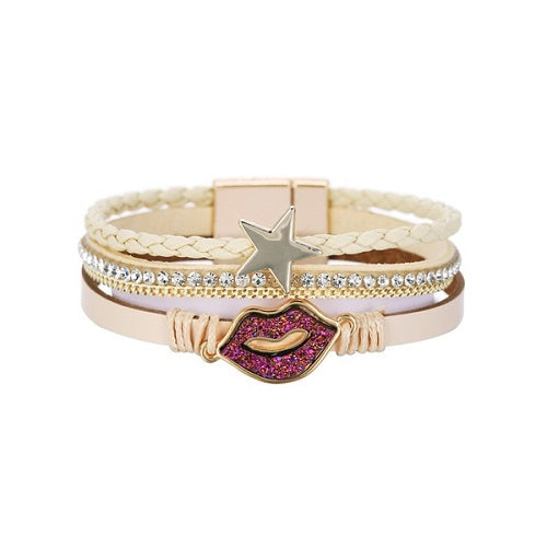BOHO Western 3 Layer Beige Magnetic Wrap Bracelet W Lips Star & Rhinestones