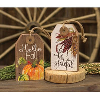 Set of 2 Be Grateful Hello Fall Tag Signs - BJS Country Charm