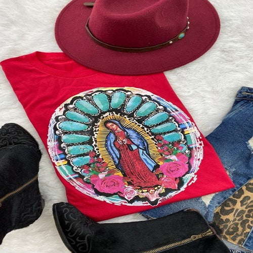 Our Lady Guadalupe on Heather Red Graphic Tee - BJS Country Charm