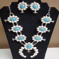 Country Western White & Blue Concho Stone Necklace & Earrings Set