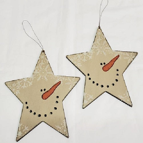 2 Wooden Snowman Star Ornaments