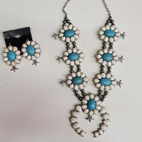 Country Western White & Blue Concho Stone Necklace & Earrings Set