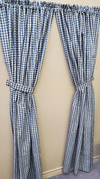 Handmade Country Primitive Navy Blue Paid Homespun Curtains